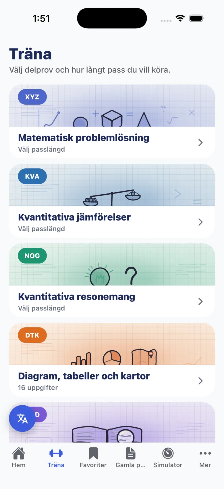 Träna-fliken med de åtta delproven som kort: XYZ, KVA, NOG och DTK syns, vart och ett med sin illustration och sitt namn.